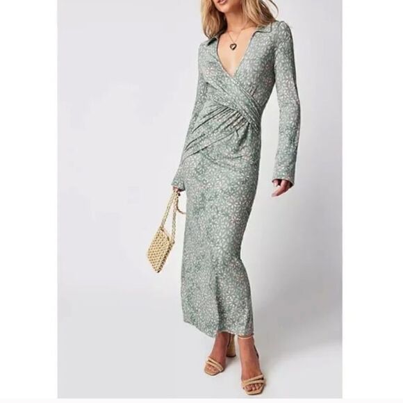 NWT FREE PEOPLE Shayla Wrap Midi Dress / Mint Combo - Picture 1 of 16